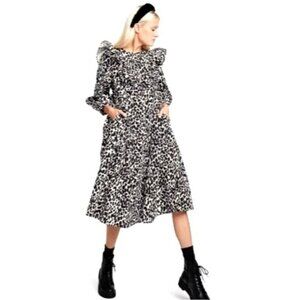 Sandy Liang Dress Women XXS Black White Cotton Leopard Print Ruffle Midi NWT‎